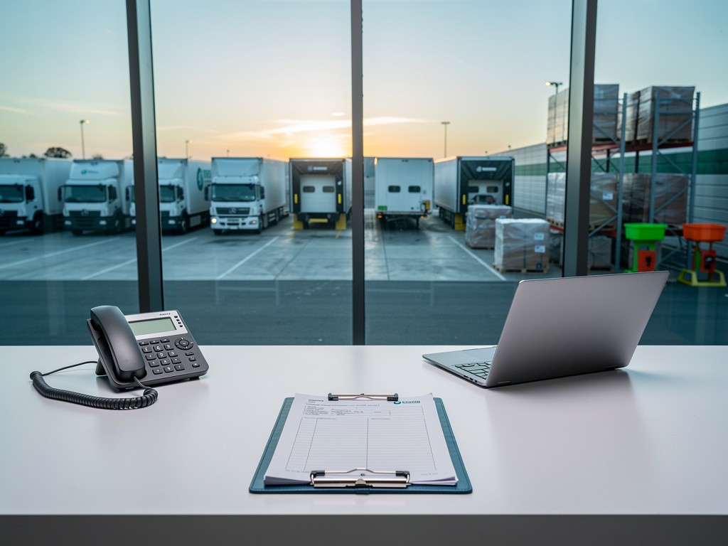 A clean dispatch front desk with a laptop, a desk phone and a clipboard, large windows looking onto parked trucks, nobod