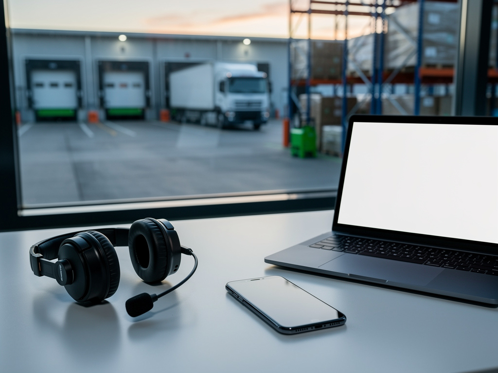 A close-up of a headset and a phone resting on a tidy dispatch desk beside a laptop.