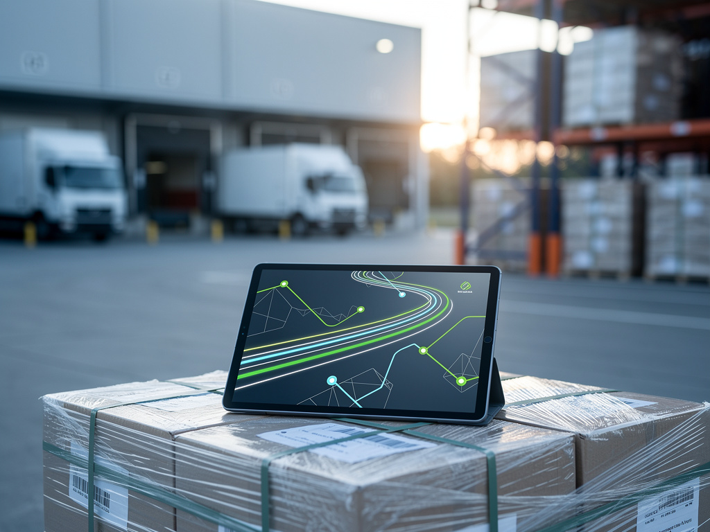 A tablet on a pallet showing an abstract route map with a moving line, warehouse softly blurred behind.