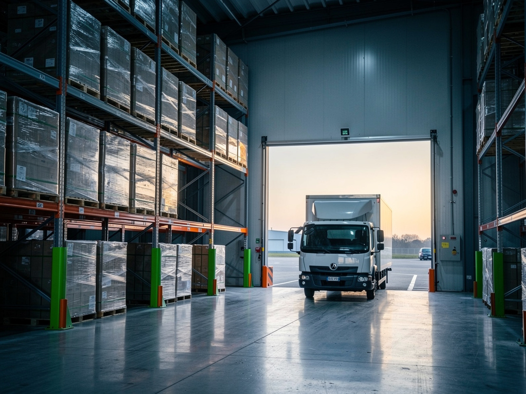 A wide view of tall warehouse racks stocked with wrapped pallets next to an open loading dock and a waiting truck.