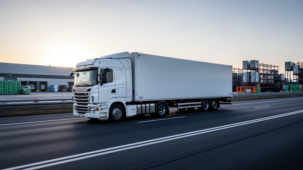 A white semi-truck driving on an open highway at sunrise, with motion blur on the road lines suggesting speed and flow.