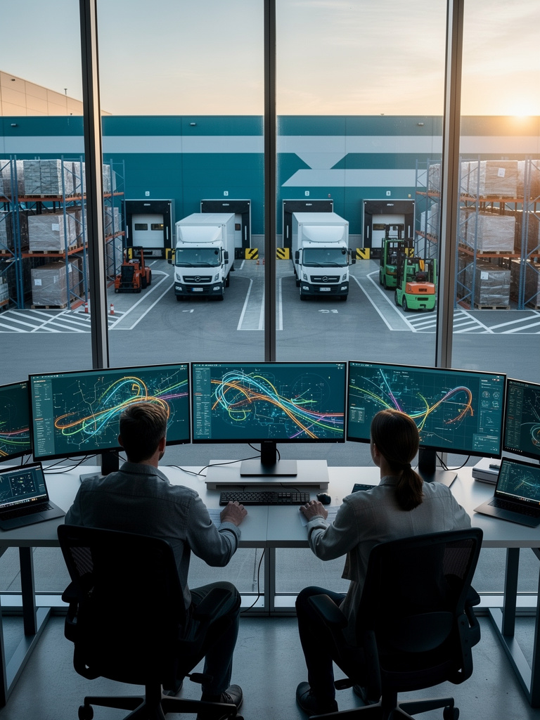 A logistics team seen from behind in a warehouse office, reviewing route maps on large monitors overlooking the loading